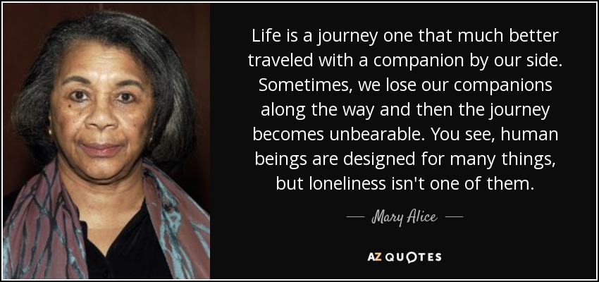 Life is a journey one that much better traveled with a companion by our side. Sometimes, we lose our companions along the way and then the journey becomes unbearable. You see, human beings are designed for many things, but loneliness isn't one of them. - Mary Alice