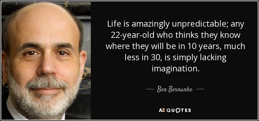 Life is amazingly unpredictable; any 22-year-old who thinks they know where they will be in 10 years, much less in 30, is simply lacking imagination. - Ben Bernanke