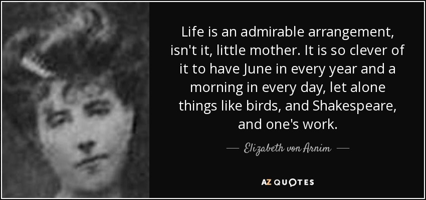 Life is an admirable arrangement, isn't it, little mother. It is so clever of it to have June in every year and a morning in every day, let alone things like birds, and Shakespeare, and one's work. - Elizabeth von Arnim