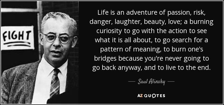 Life is an adventure of passion, risk, danger, laughter, beauty, love; a burning curiosity to go with the action to see what it is all about, to go search for a pattern of meaning, to burn one's bridges because you're never going to go back anyway, and to live to the end. - Saul Alinsky