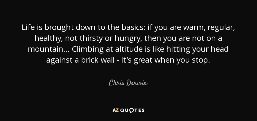 Life is brought down to the basics: if you are warm, regular, healthy, not thirsty or hungry, then you are not on a mountain... Climbing at altitude is like hitting your head against a brick wall - it's great when you stop. - Chris Darwin