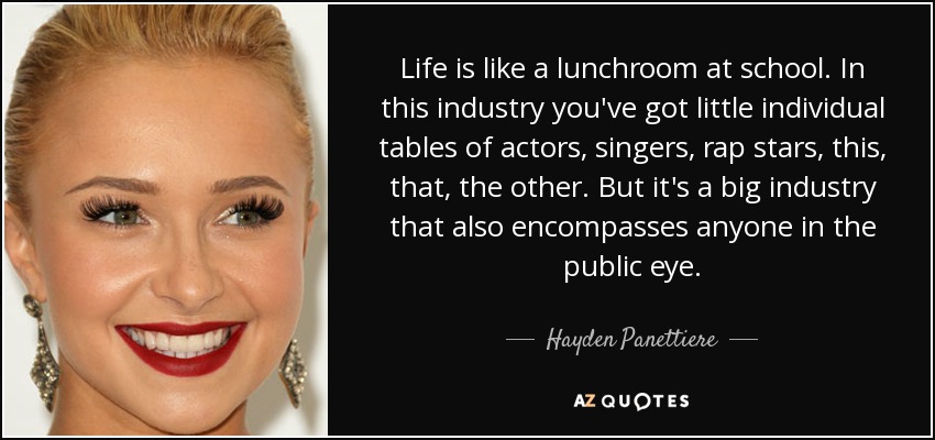 Life is like a lunchroom at school. In this industry you've got little individual tables of actors, singers, rap stars, this, that, the other. But it's a big industry that also encompasses anyone in the public eye. - Hayden Panettiere