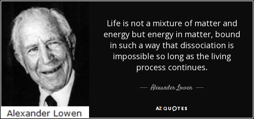 Life is not a mixture of matter and energy but energy in matter, bound in such a way that dissociation is impossible so long as the living process continues. - Alexander Lowen