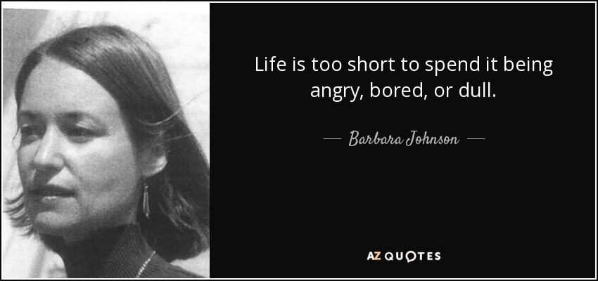 Life is too short to spend it being angry, bored, or dull. - Barbara Johnson