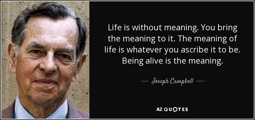 Life is without meaning. You bring the meaning to it. The meaning of life is whatever you ascribe it to be. Being alive is the meaning. - Joseph Campbell