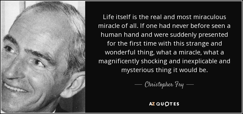 Life itself is the real and most miraculous miracle of all. If one had never before seen a human hand and were suddenly presented for the first time with this strange and wonderful thing, what a miracle, what a magnificently shocking and inexplicable and mysterious thing it would be. - Christopher Fry