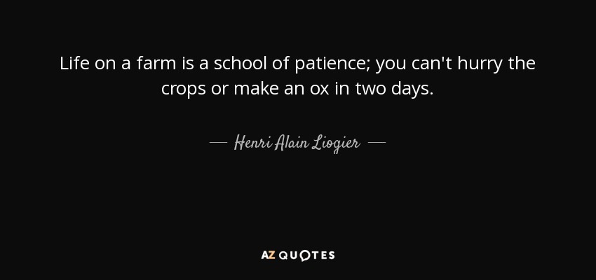 Life on a farm is a school of patience; you can't hurry the crops or make an ox in two days. - Henri Alain Liogier