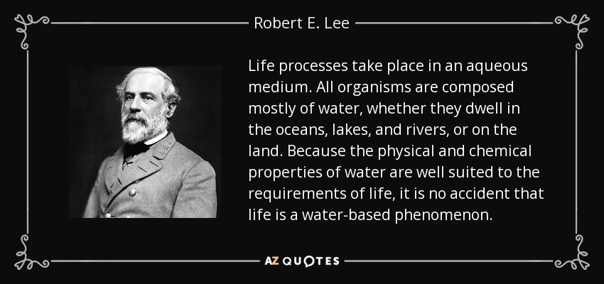 Life processes take place in an aqueous medium. All organisms are composed mostly of water, whether they dwell in the oceans, lakes, and rivers, or on the land. Because the physical and chemical properties of water are well suited to the requirements of life, it is no accident that life is a water-based phenomenon. - Robert E. Lee