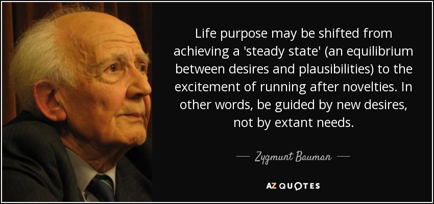 Life purpose may be shifted from achieving a 'steady state' (an equilibrium between desires and plausibilities) to the excitement of running after novelties. In other words, be guided by new desires, not by extant needs. - Zygmunt Bauman