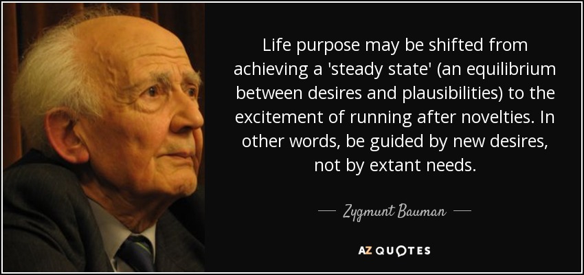 Life purpose may be shifted from achieving a 'steady state' (an equilibrium between desires and plausibilities) to the excitement of running after novelties. In other words, be guided by new desires, not by extant needs. - Zygmunt Bauman