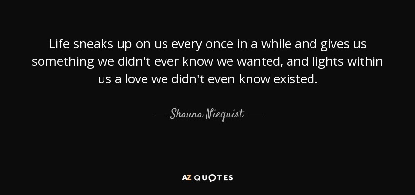 Life sneaks up on us every once in a while and gives us something we didn't ever know we wanted, and lights within us a love we didn't even know existed. - Shauna Niequist