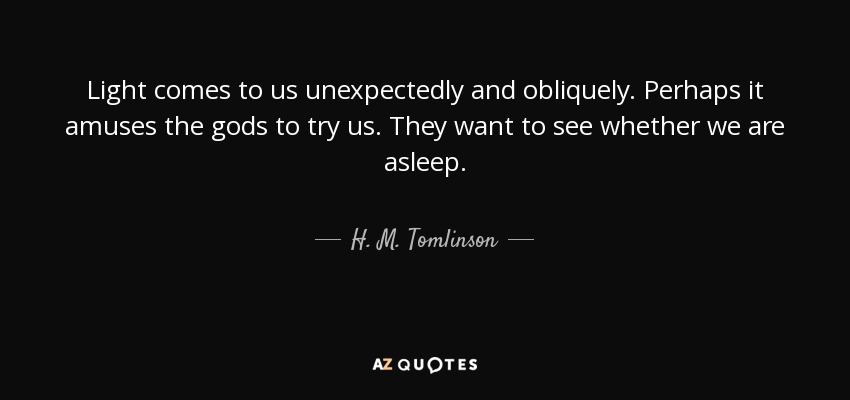 Light comes to us unexpectedly and obliquely. Perhaps it amuses the gods to try us. They want to see whether we are asleep. - H. M. Tomlinson
