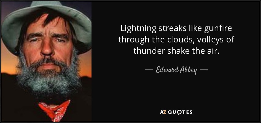 Lightning streaks like gunfire through the clouds, volleys of thunder shake the air. - Edward Abbey