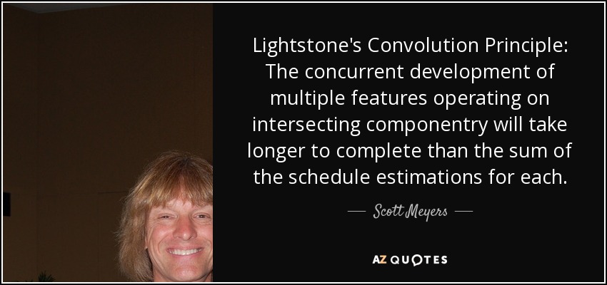 Lightstone's Convolution Principle: The concurrent development of multiple features operating on intersecting componentry will take longer to complete than the sum of the schedule estimations for each. - Scott Meyers