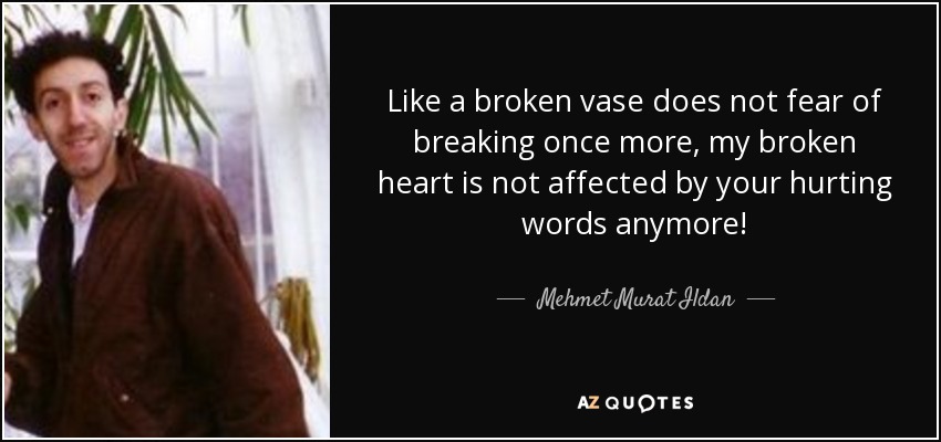 Like a broken vase does not fear of breaking once more, my broken heart is not affected by your hurting words anymore! - Mehmet Murat Ildan