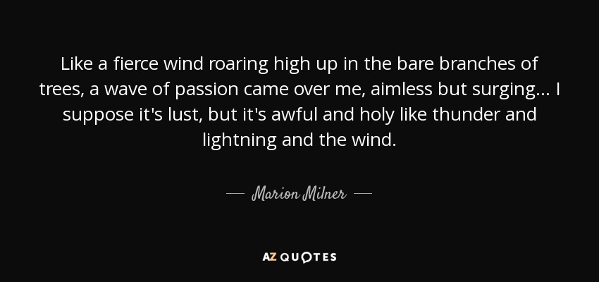 Like a fierce wind roaring high up in the bare branches of trees, a wave of passion came over me, aimless but surging . . . I suppose it's lust, but it's awful and holy like thunder and lightning and the wind. - Marion Milner