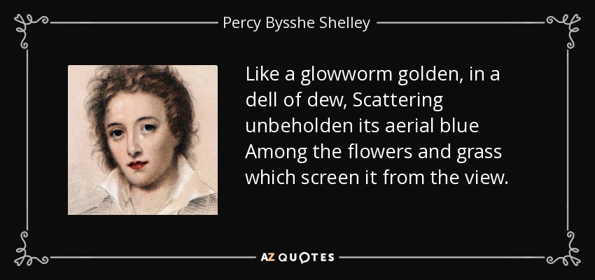 Like a glowworm golden, in a dell of dew, Scattering unbeholden its aerial blue Among the flowers and grass which screen it from the view. - Percy Bysshe Shelley