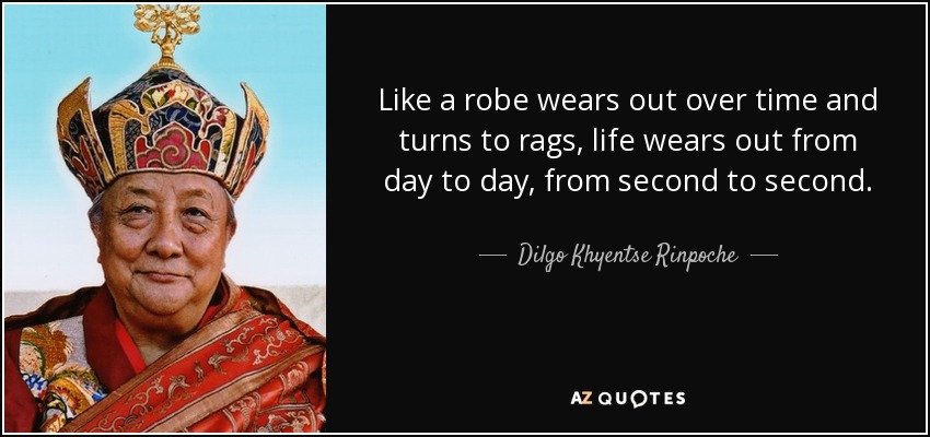 Like a robe wears out over time and turns to rags, life wears out from day to day, from second to second. - Dilgo Khyentse Rinpoche