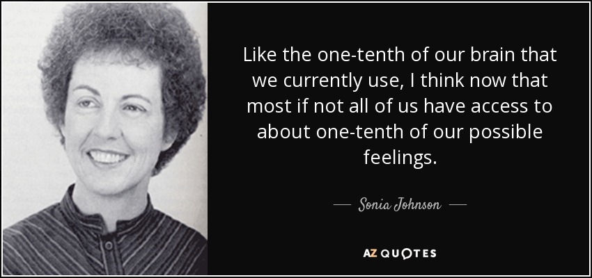 Like the one-tenth of our brain that we currently use, I think now that most if not all of us have access to about one-tenth of our possible feelings. - Sonia Johnson