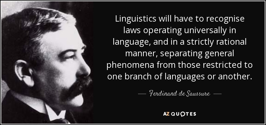Linguistics will have to recognise laws operating universally in language, and in a strictly rational manner, separating general phenomena from those restricted to one branch of languages or another. - Ferdinand de Saussure