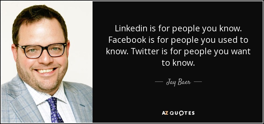 Linkedin is for people you know. Facebook is for people you used to know. Twitter is for people you want to know. - Jay Baer