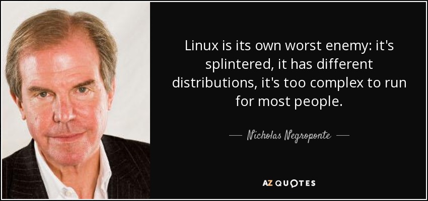 Linux is its own worst enemy: it's splintered, it has different distributions, it's too complex to run for most people. - Nicholas Negroponte