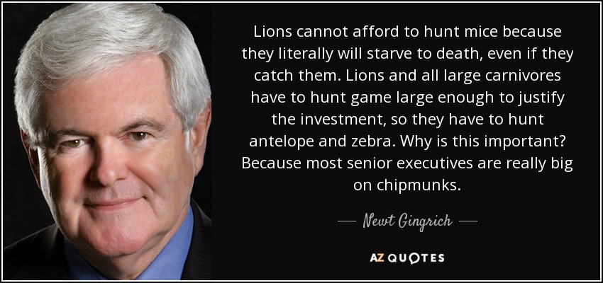 Lions cannot afford to hunt mice because they literally will starve to death, even if they catch them. Lions and all large carnivores have to hunt game large enough to justify the investment, so they have to hunt antelope and zebra. Why is this important? Because most senior executives are really big on chipmunks. - Newt Gingrich