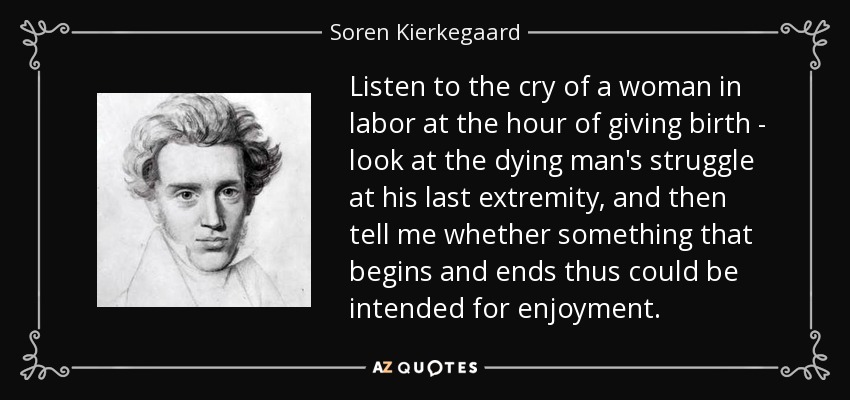 Listen to the cry of a woman in labor at the hour of giving birth - look at the dying man's struggle at his last extremity, and then tell me whether something that begins and ends thus could be intended for enjoyment. - Soren Kierkegaard