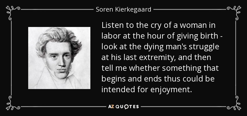 Listen to the cry of a woman in labor at the hour of giving birth - look at the dying man's struggle at his last extremity, and then tell me whether something that begins and ends thus could be intended for enjoyment. - Soren Kierkegaard