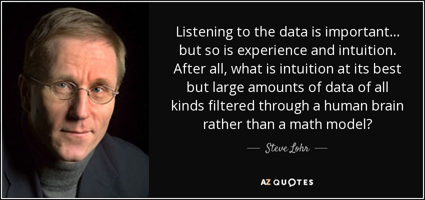 Listening to the data is important... but so is experience and intuition. After all, what is intuition at its best but large amounts of data of all kinds filtered through a human brain rather than a math model? - Steve Lohr