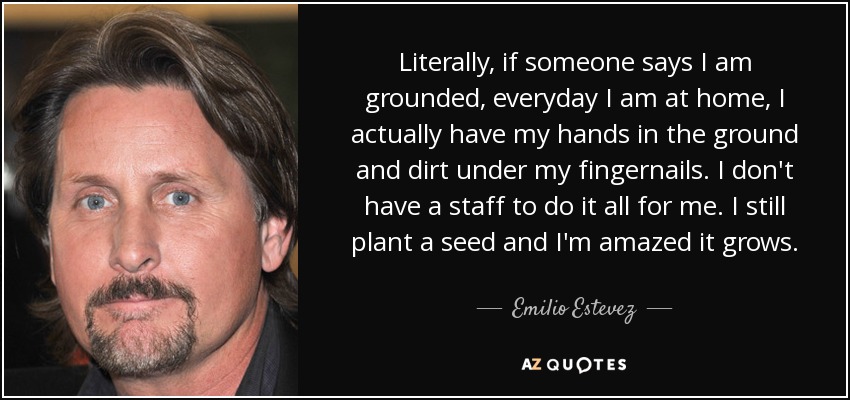 Literally, if someone says I am grounded, everyday I am at home, I actually have my hands in the ground and dirt under my fingernails. I don't have a staff to do it all for me. I still plant a seed and I'm amazed it grows. - Emilio Estevez