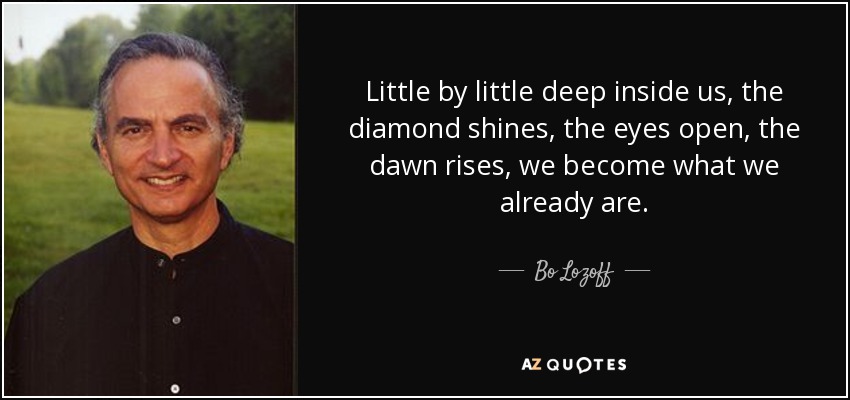 Little by little deep inside us, the diamond shines, the eyes open, the dawn rises, we become what we already are. - Bo Lozoff