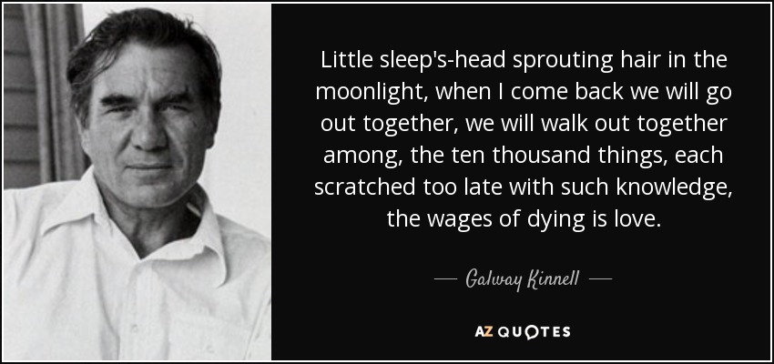 Little sleep's-head sprouting hair in the moonlight, when I come back we will go out together, we will walk out together among, the ten thousand things, each scratched too late with such knowledge, the wages of dying is love. - Galway Kinnell