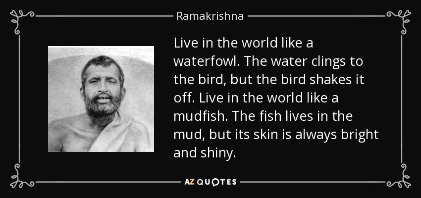 Live in the world like a waterfowl. The water clings to the bird, but the bird shakes it off. Live in the world like a mudfish. The fish lives in the mud, but its skin is always bright and shiny. - Ramakrishna