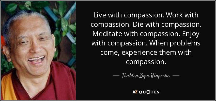 Live with compassion. Work with compassion. Die with compassion. Meditate with compassion. Enjoy with compassion. When problems come, experience them with compassion. - Thubten Zopa Rinpoche