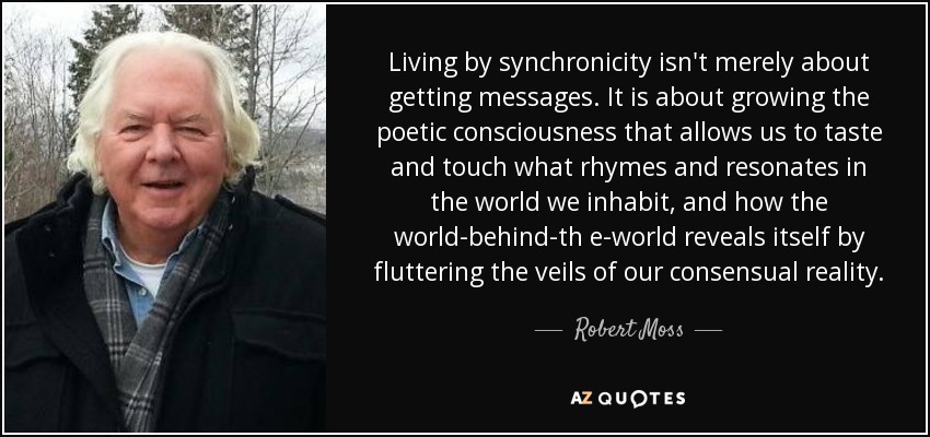 Living by synchronicity isn't merely about getting messages. It is about growing the poetic consciousness that allows us to taste and touch what rhymes and resonates in the world we inhabit, and how the world-behind-th e-world reveals itself by fluttering the veils of our consensual reality. - Robert Moss