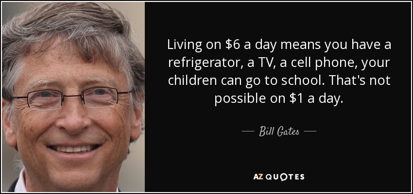 Living on $6 a day means you have a refrigerator, a TV, a cell phone, your children can go to school. That's not possible on $1 a day. - Bill Gates