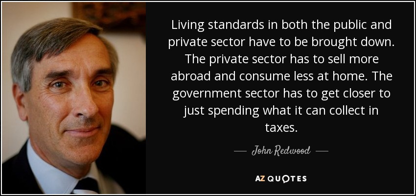 Living standards in both the public and private sector have to be brought down. The private sector has to sell more abroad and consume less at home. The government sector has to get closer to just spending what it can collect in taxes. - John Redwood