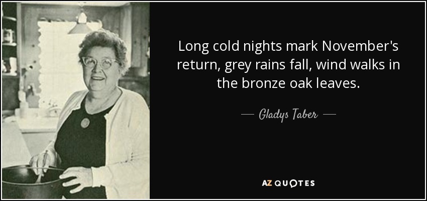 Long cold nights mark November's return, grey rains fall, wind walks in the bronze oak leaves. - Gladys Taber