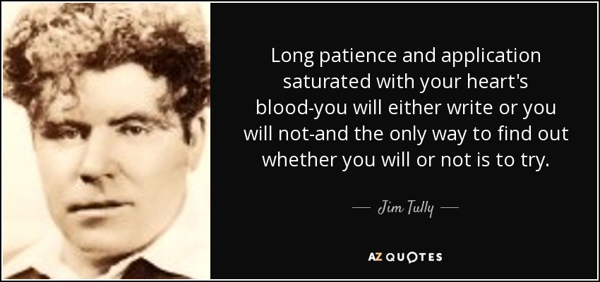Long patience and application saturated with your heart's blood-you will either write or you will not-and the only way to find out whether you will or not is to try. - Jim Tully