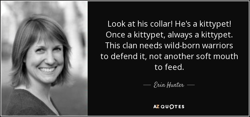 Look at his collar! He's a kittypet! Once a kittypet, always a kittypet. This clan needs wild-born warriors to defend it, not another soft mouth to feed. - Erin Hunter