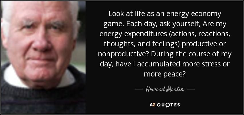 Look at life as an energy economy game. Each day, ask yourself, Are my energy expenditures (actions, reactions, thoughts, and feelings) productive or nonproductive? During the course of my day, have I accumulated more stress or more peace? - Howard Martin
