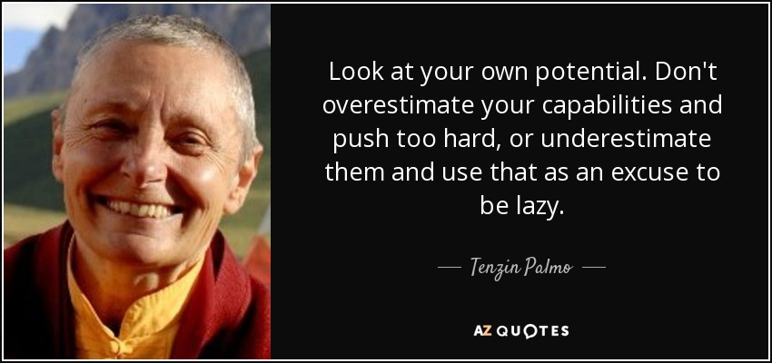 Look at your own potential. Don't overestimate your capabilities and push too hard, or underestimate them and use that as an excuse to be lazy. - Tenzin Palmo