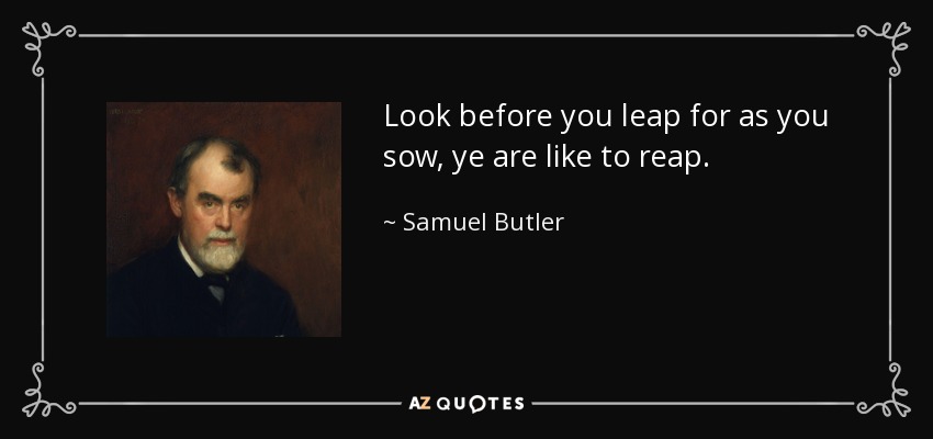 Look before you leap for as you sow, ye are like to reap. - Samuel Butler