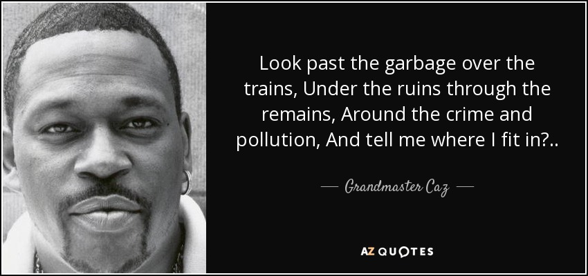 Look past the garbage over the trains, Under the ruins through the remains, Around the crime and pollution, And tell me where I fit in?.. - Grandmaster Caz