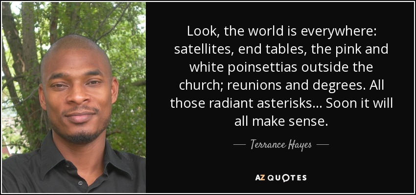 Look, the world is everywhere: satellites, end tables, the pink and white poinsettias outside the church; reunions and degrees. All those radiant asterisks . . . Soon it will all make sense. - Terrance Hayes