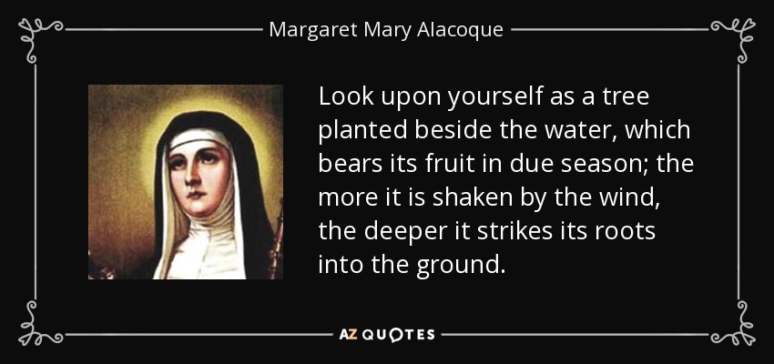Look upon yourself as a tree planted beside the water, which bears its fruit in due season; the more it is shaken by the wind, the deeper it strikes its roots into the ground. - Margaret Mary Alacoque