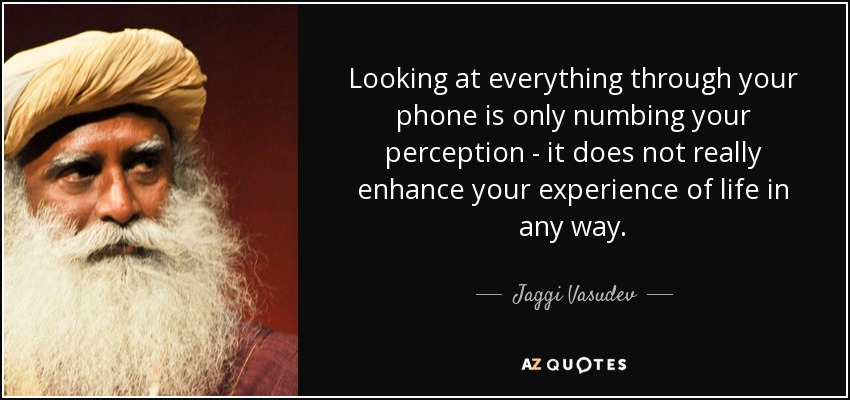 Looking at everything through your phone is only numbing your perception - it does not really enhance your experience of life in any way. - Jaggi Vasudev