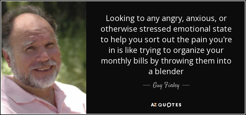 Looking to any angry, anxious, or otherwise stressed emotional state to help you sort out the pain you're in is like trying to organize your monthly bills by throwing them into a blender - Guy Finley