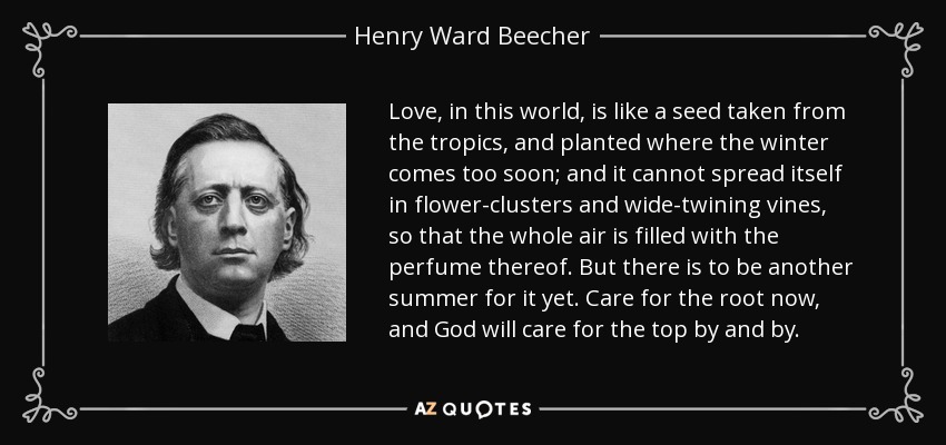 Love, in this world, is like a seed taken from the tropics, and planted where the winter comes too soon; and it cannot spread itself in flower-clusters and wide-twining vines, so that the whole air is filled with the perfume thereof. But there is to be another summer for it yet. Care for the root now, and God will care for the top by and by. - Henry Ward Beecher
